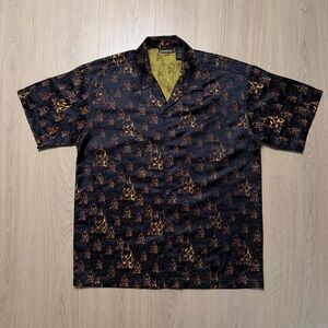 Vintage Odo Flame Skull Short Sleeve Buttonup Shirt Mens XL Black Y2K Rave